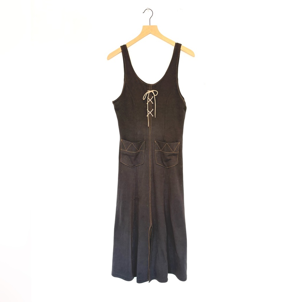 vtg mod lace up midi dress - 60s style soft black w contrast stitch - S/M